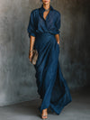 Elegant Dark Blue Cotton And Linen Blend Shirt Long Skirt Set