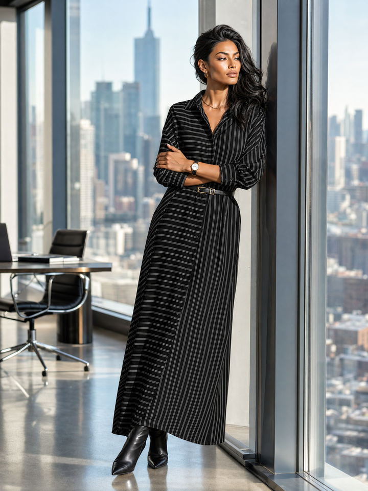Women's Striped Long Sleeve Button-Up Shirt Maxi Dress