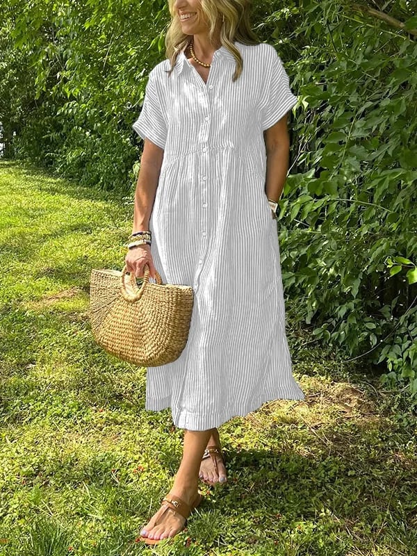 Striped Lapel Button Down Shirt Dress