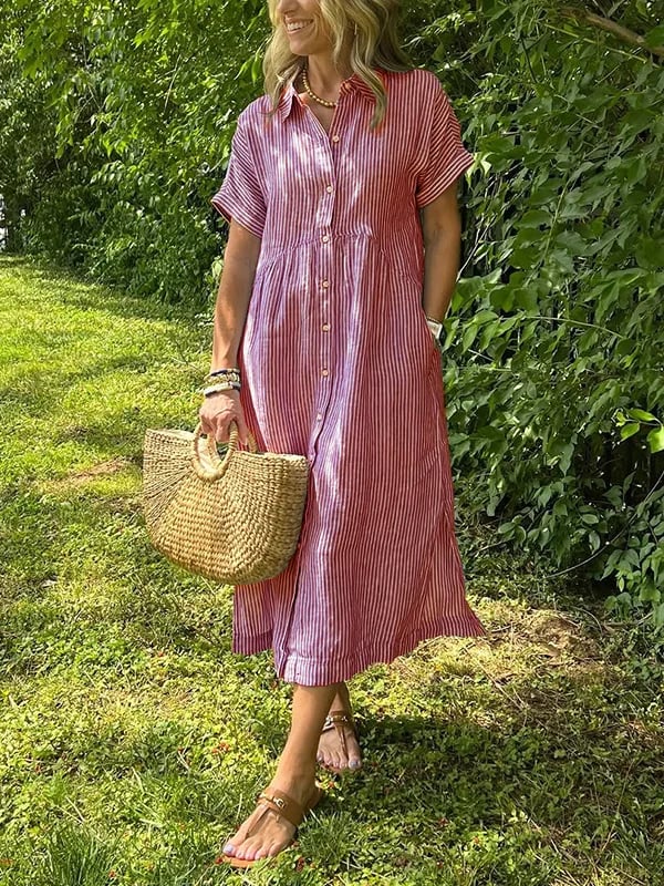 Striped Lapel Button Down Shirt Dress