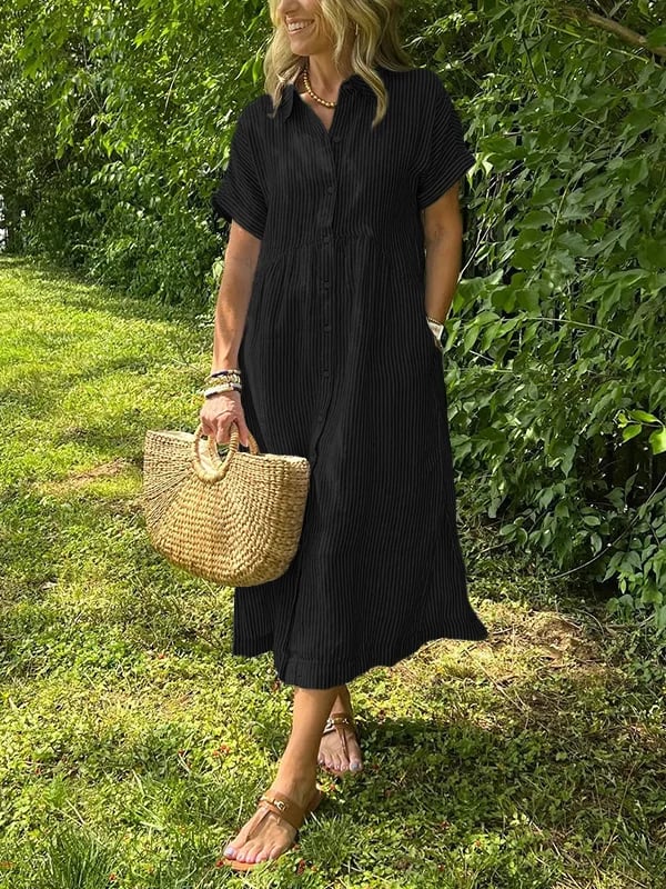 Striped Lapel Button Down Shirt Dress