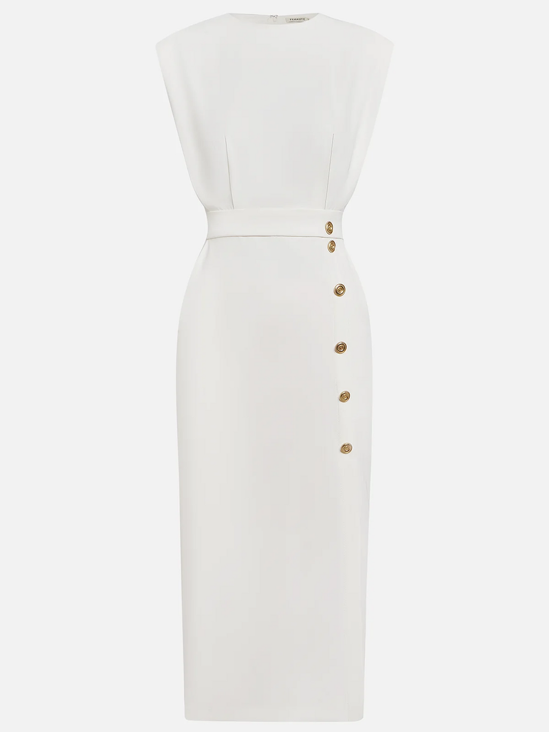 GENEVIEVE | PADDED SHOULDER BUTTON DETAIL MIDI DRESS WITH SLIT