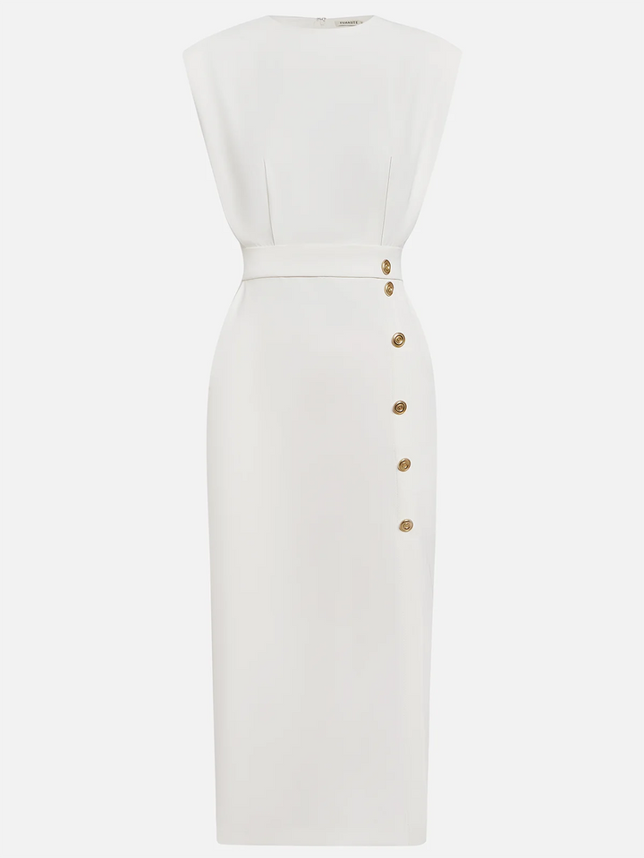 GENEVIEVE | PADDED SHOULDER BUTTON DETAIL MIDI DRESS WITH SLIT