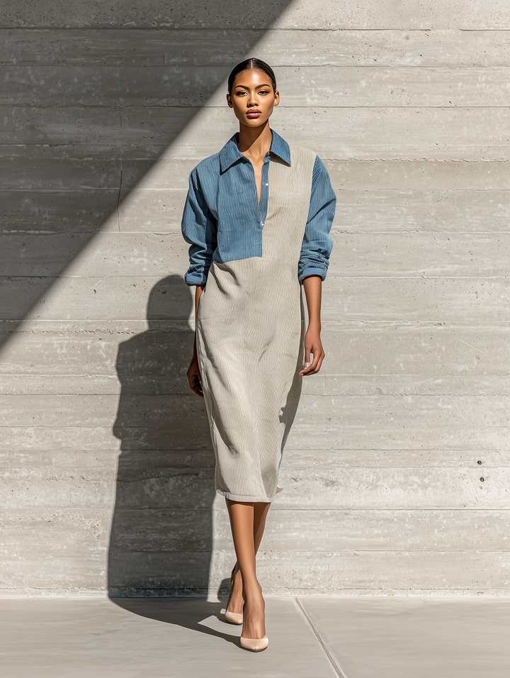 Women's Long Sleeve Colorblock Blue Beige Dress