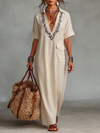 Women's Minimalist Linen Blend Embroidered Short-sleeved Shirt Maxi Dress