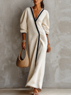 Women Beige Linen Blend V‑Neck Wrap Black Contrast Trim Lantern Sleeve Maxi Dress