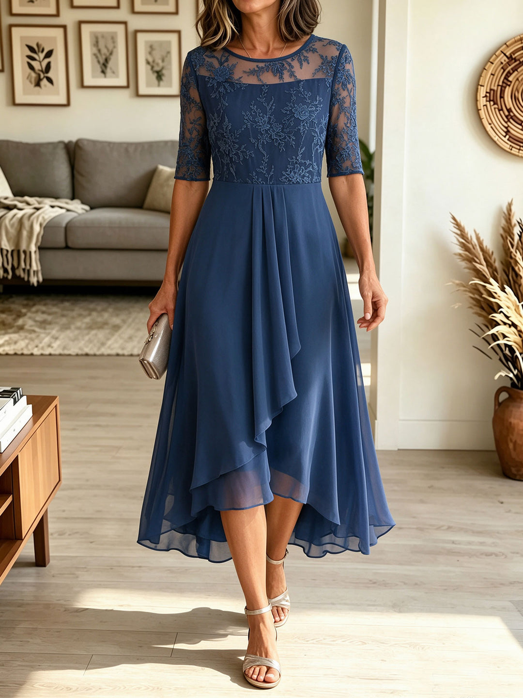 Women's Lace Chiffon Midi Formal Dress, Half Sleeve Floral Embroidery Cocktail Dress