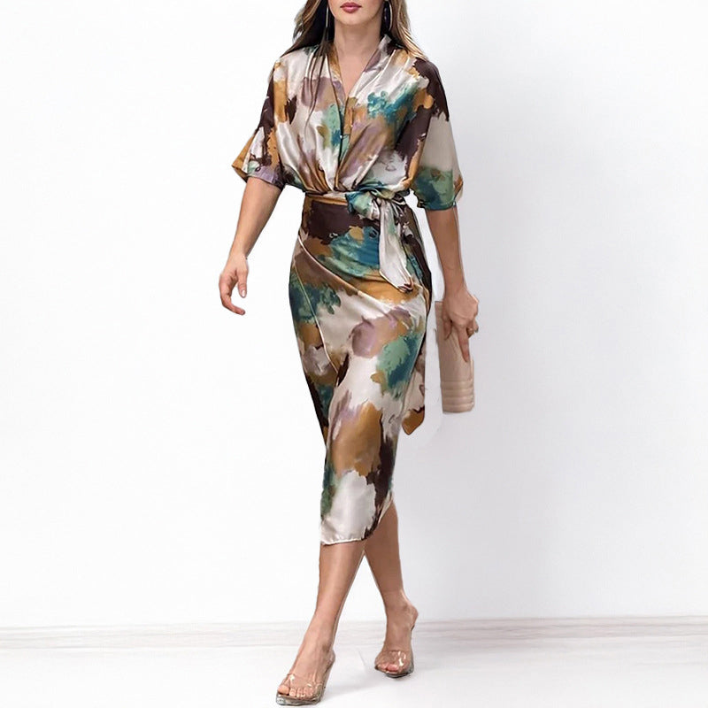 Women's Elegant Satin Abstract Print Wrap Dress