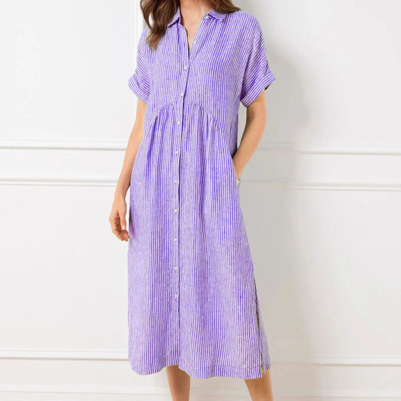 Striped Lapel Button Down Shirt Dress