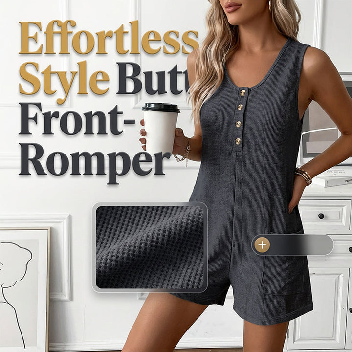 Women's Sleeveless Button-Front Romper – Waffle Knit, Scoop Neck, Side Pockets 🌿