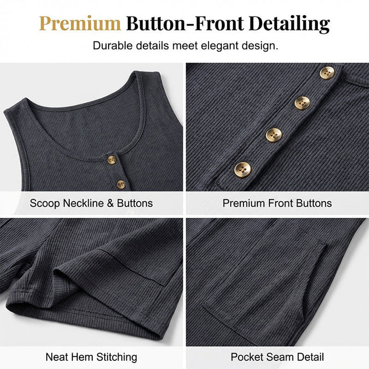 Women's Sleeveless Button-Front Romper – Waffle Knit, Scoop Neck, Side Pockets 🌿
