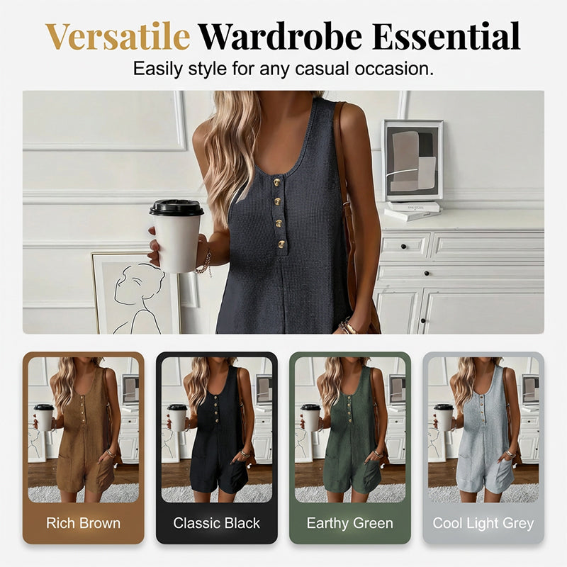 Women's Sleeveless Button-Front Romper – Waffle Knit, Scoop Neck, Side Pockets 🌿