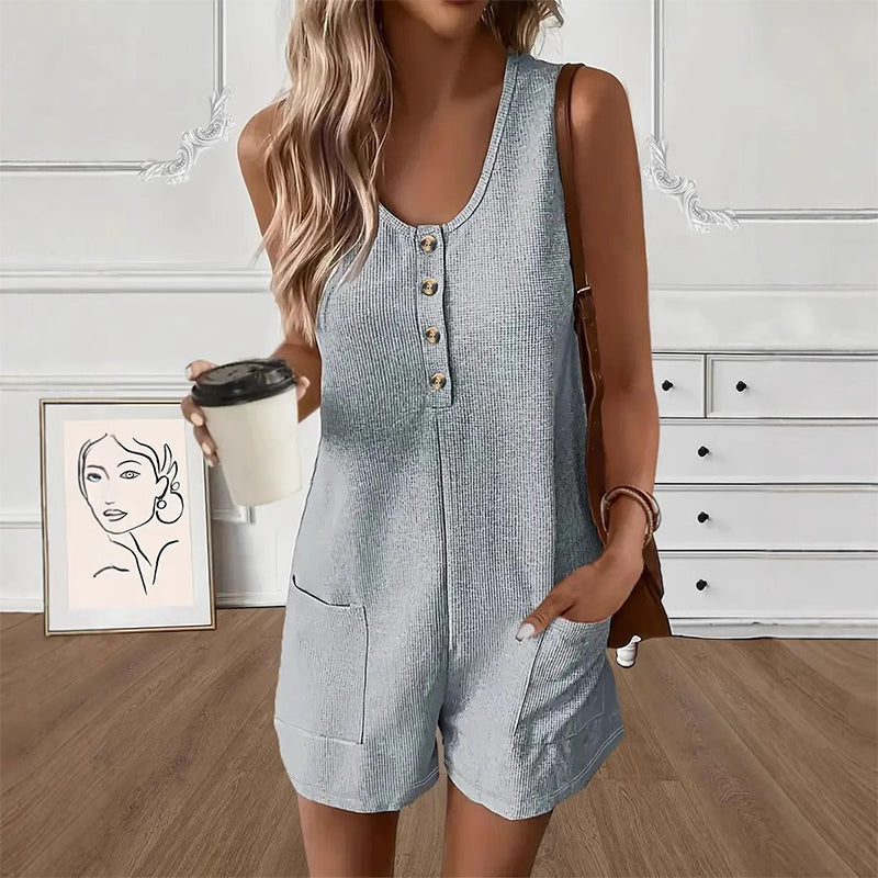 Women's Sleeveless Button-Front Romper – Waffle Knit, Scoop Neck, Side Pockets 🌿
