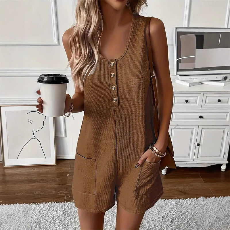Women's Sleeveless Button-Front Romper – Waffle Knit, Scoop Neck, Side Pockets 🌿