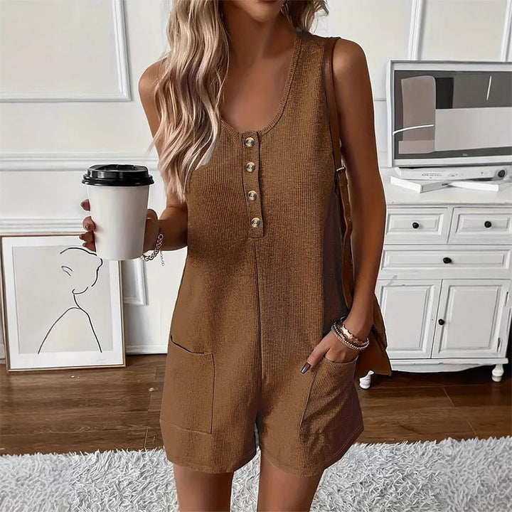 Women's Sleeveless Button-Front Romper – Waffle Knit, Scoop Neck, Side Pockets 🌿