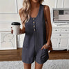 Women's Sleeveless Button-Front Romper – Waffle Knit, Scoop Neck, Side Pockets 🌿