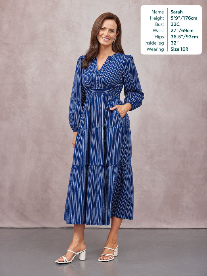 Alicia Long Sleeve Tiered Stripe Dress - Navy & White