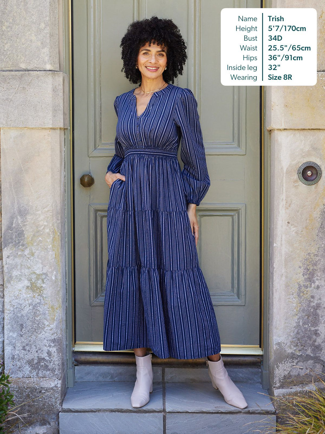 Alicia Long Sleeve Tiered Stripe Dress - Navy & White