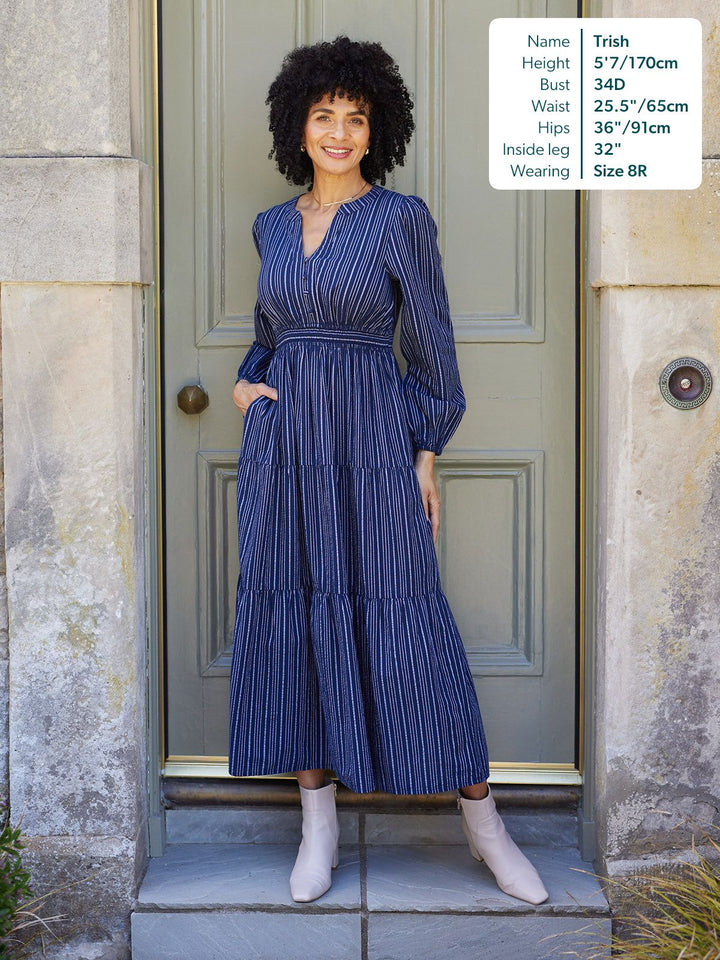 Alicia Long Sleeve Tiered Stripe Dress - Navy & White