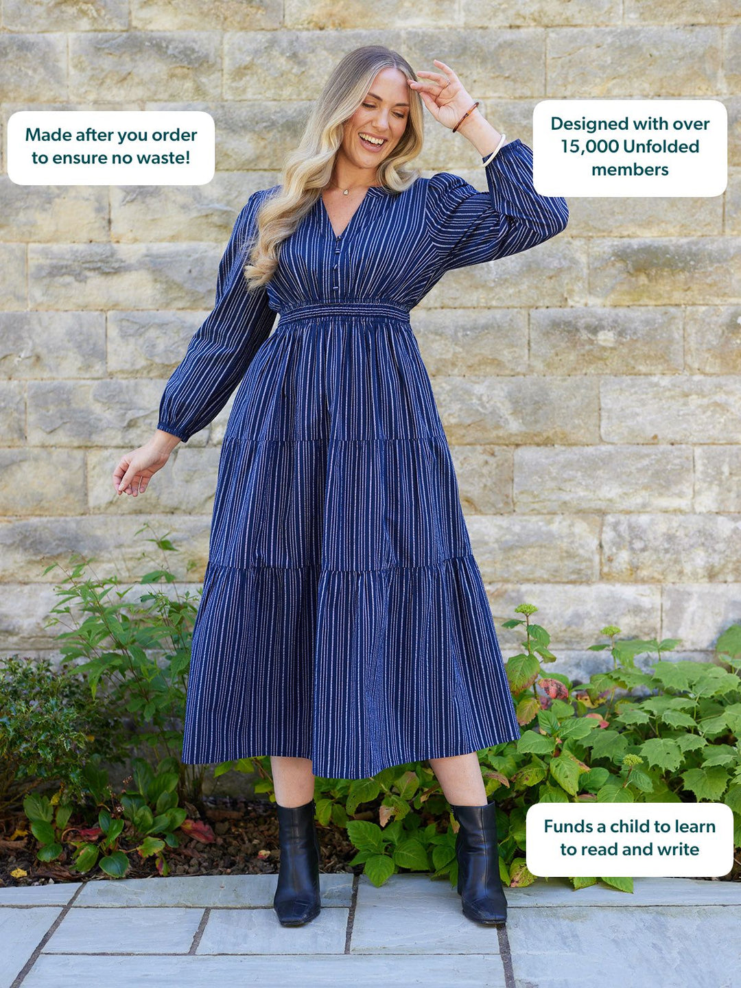 Alicia Long Sleeve Tiered Stripe Dress - Navy & White