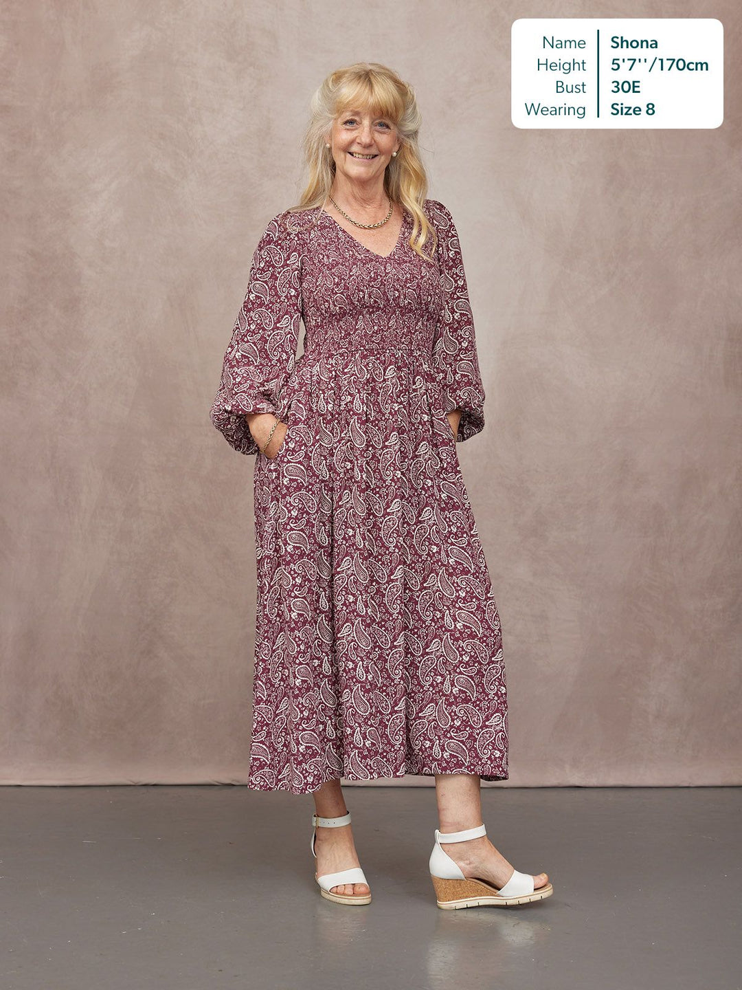 Gillian Shirred Bodice Dress - Maroon Paisley Print