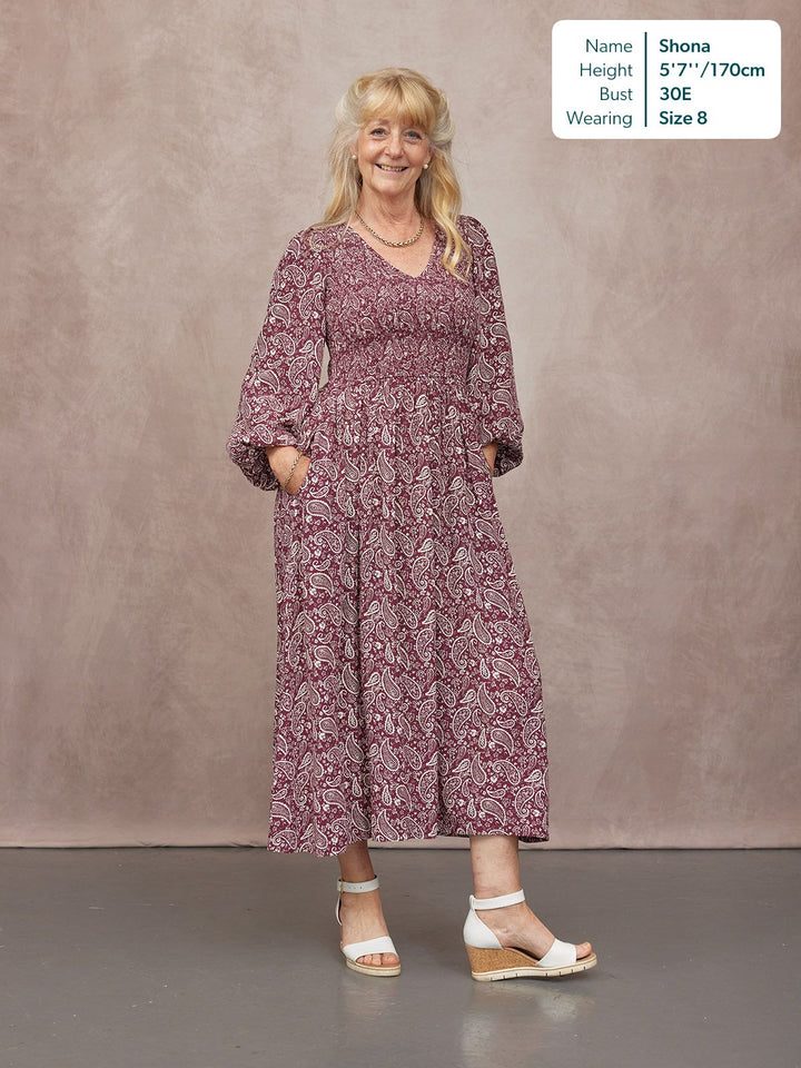 Gillian Shirred Bodice Dress - Maroon Paisley Print
