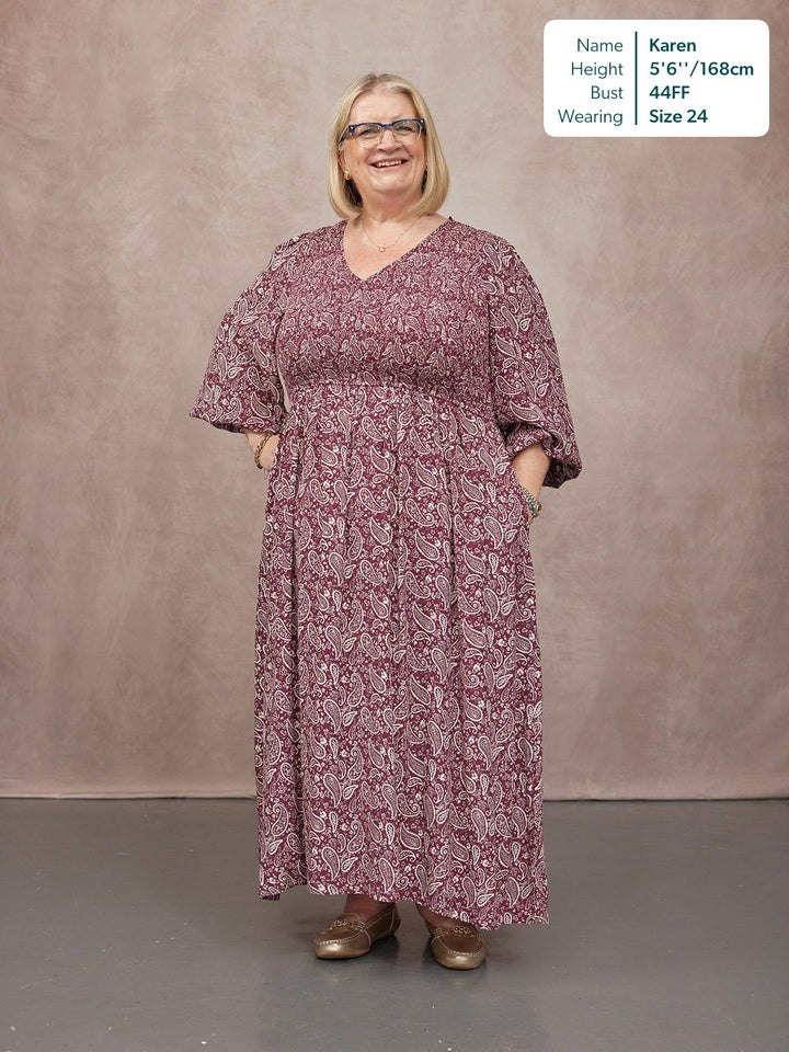 Gillian Shirred Bodice Dress - Maroon Paisley Print