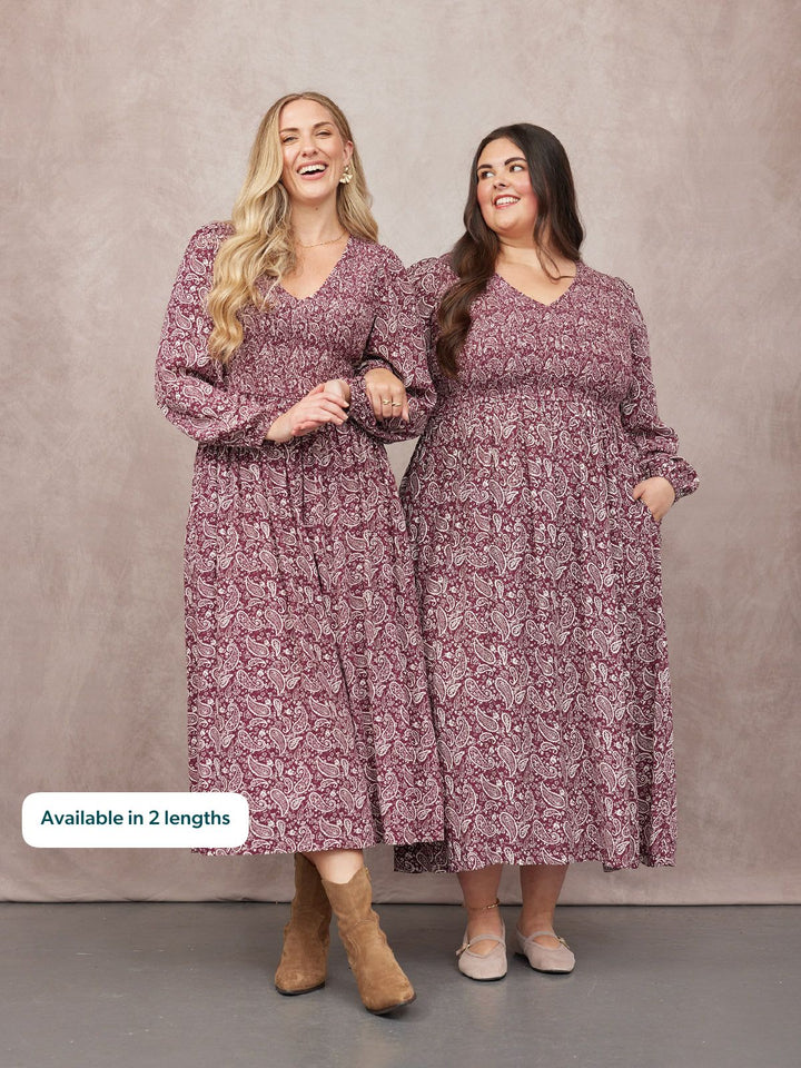 Gillian Shirred Bodice Dress - Maroon Paisley Print