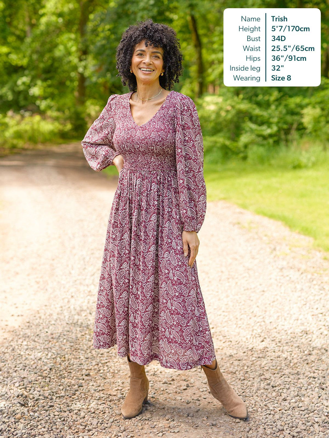 Gillian Shirred Bodice Dress - Maroon Paisley Print