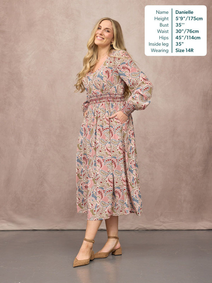 Hatty Contrast Shirring Dress - Multi Paisley Print