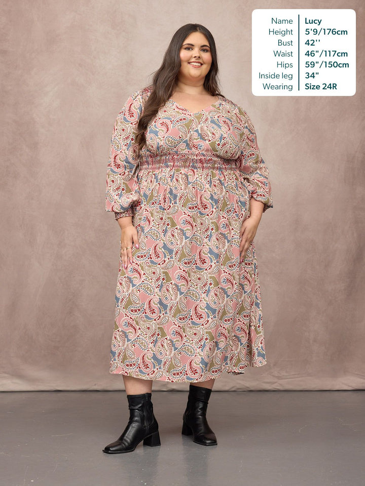 Hatty Contrast Shirring Dress - Multi Paisley Print