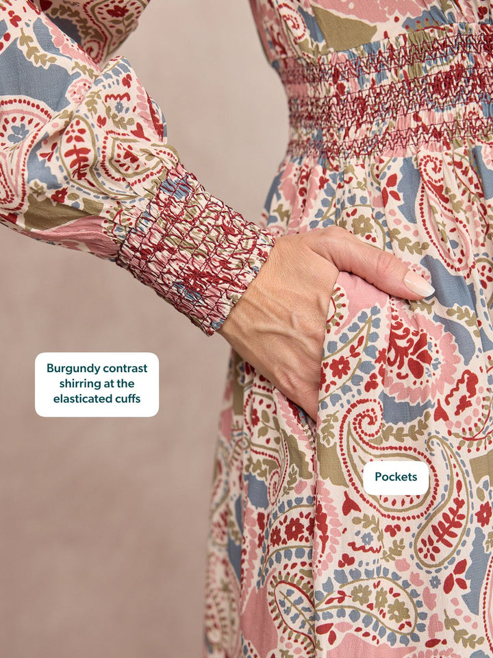 Hatty Contrast Shirring Dress - Multi Paisley Print