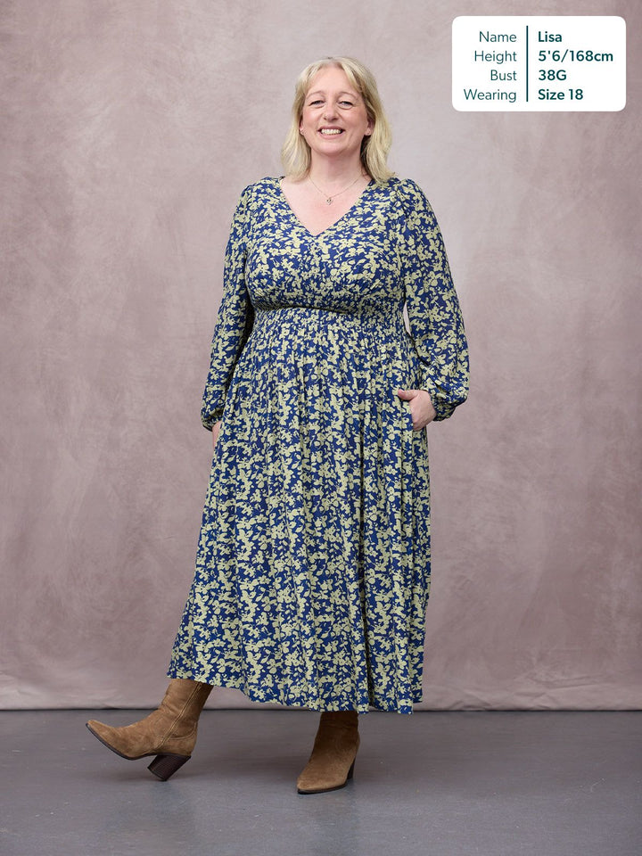 Maddie Long Sleeve Dress - Navy & Green Leaf Print