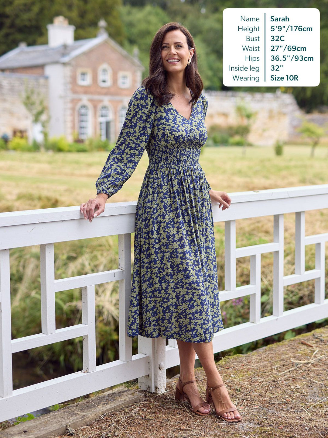 Maddie Long Sleeve Dress - Navy & Green Leaf Print