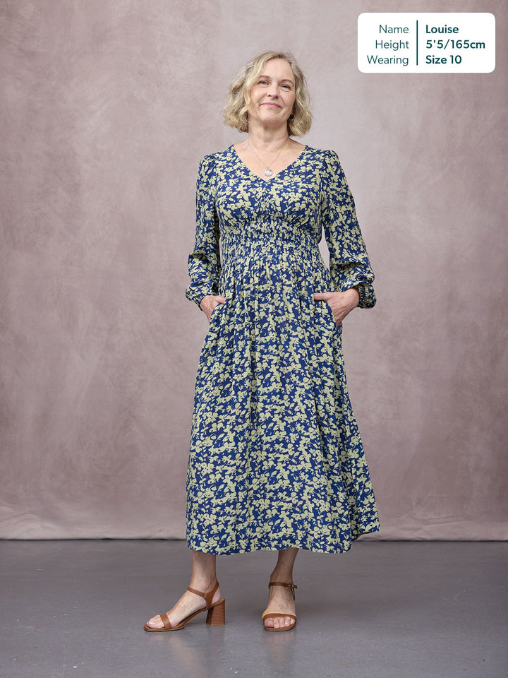 Maddie Long Sleeve Dress - Navy & Green Leaf Print