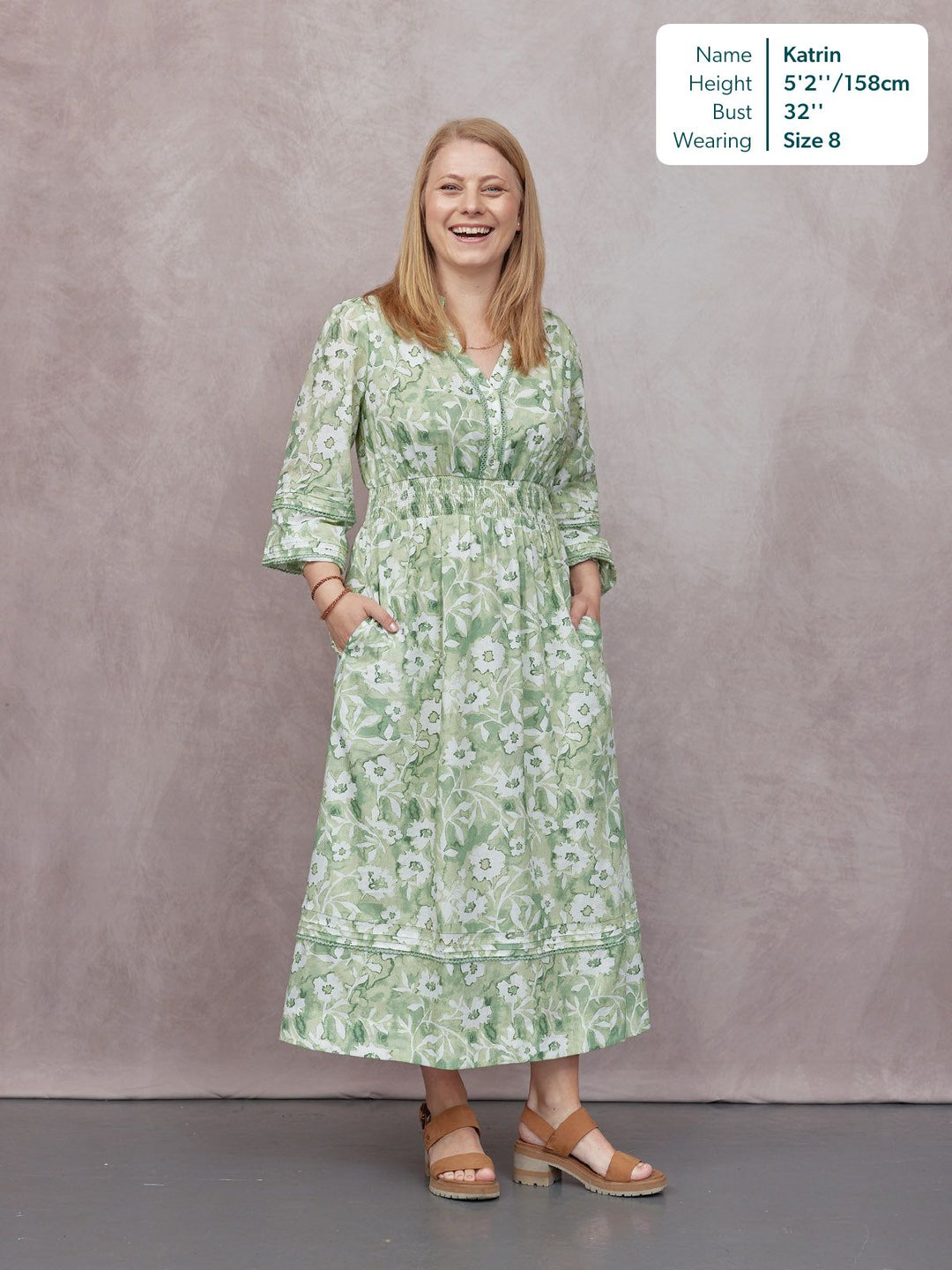 May Long Sleeve Shirred Neckline Dress - Green & White Watercolour Floral Print