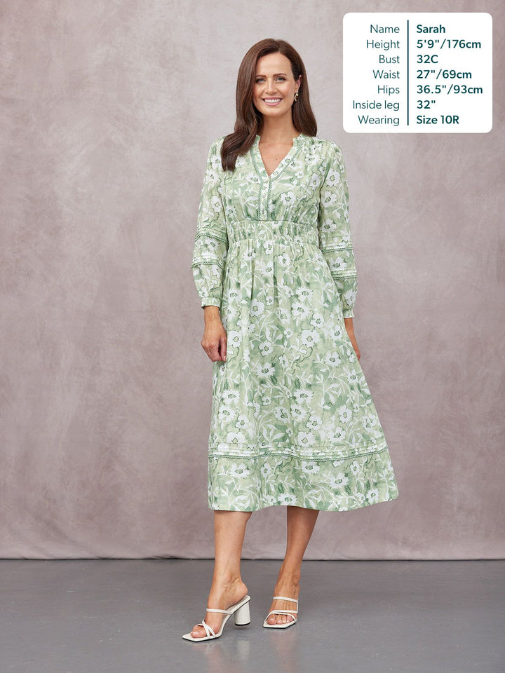 May Long Sleeve Shirred Neckline Dress - Green & White Watercolour Floral Print