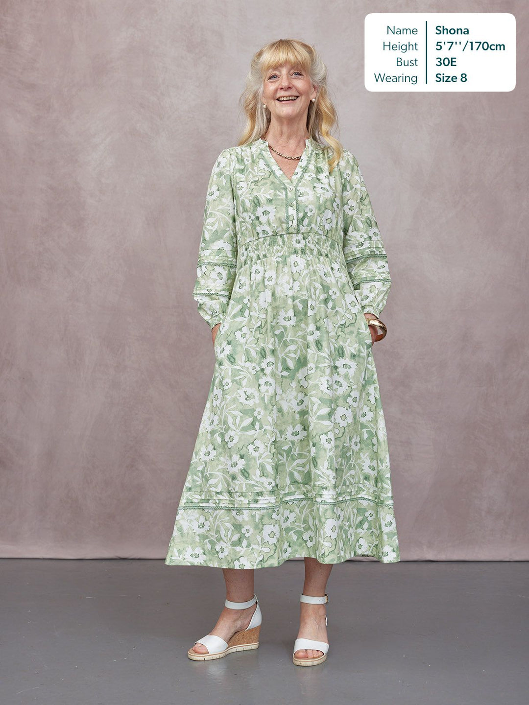 May Long Sleeve Shirred Neckline Dress - Green & White Watercolour Floral Print