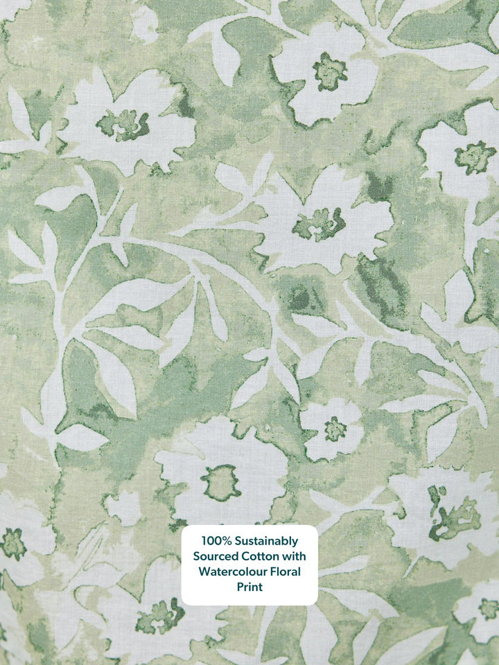 May Long Sleeve Shirred Neckline Dress - Green & White Watercolour Floral Print